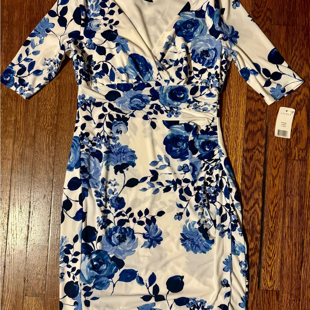 Lauren Ralph Lauren Blue and White Ruched Midi Dress, NWT, Size 8P - Picture 5 of 10